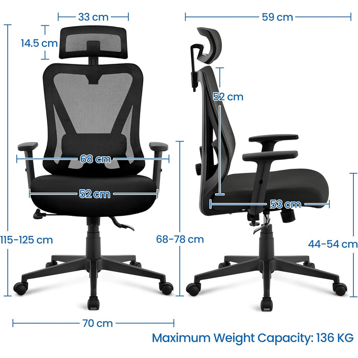 Офісне крісло Yaheetech з регульованою підголовником та поперековою підтримкою, дихаюча сітчаста спинка, широке сидіння, S-подібна спинка, поворотне на 360°, чорний
