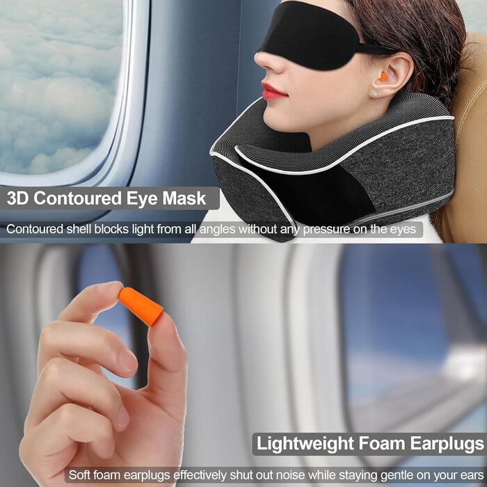 Подушка для шиї з піною Memory Foam, комплект з маскою для очей, навушниками та чохлом, ергономічна, для подорожей (темно-сіра)