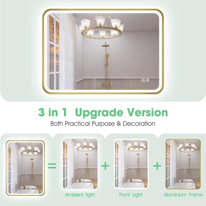 Дзеркало для ванної кімнати S'bagno з підсвічуванням 100x70 см, з алюмінієвою рамою, антизапарник, 3000-6500K, функція пам'яті, IP44, горизонтальне/вертикальне, чорне