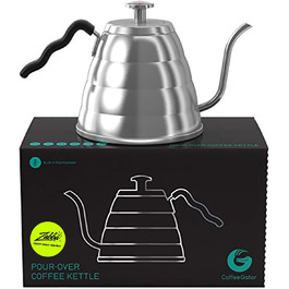 Coffee Gator Swan Neck Kettle with Thermometer, 1L Stainless Steel, Stovetop, Premium Pouring Kettle for Tea and Coffee with Precision Spout, 4 Cups