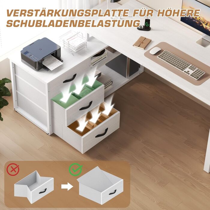 TriumphKey L-Shaped Desk with 3 Drawers & Storage, 140 x 105 x 75 cm - Reversible Corner Desk with USB Charging Ports & Power Outlets, White
