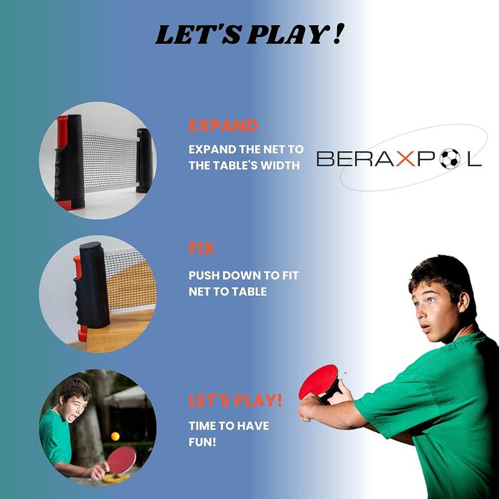BERAXPOL Набір для настільного тенісу преміум-класу, портативний, з висувною сіткою | 3 м'ячі | Сумка для перенесення | Сімейний відпочинок | Подарунок