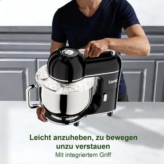 Кухонний комбайн-міксер Camic 2000W, чаша зі сталі 7л, 10 швидкостей, з набором насадок (гак, вінчик) та захистом від бризок, чорний
