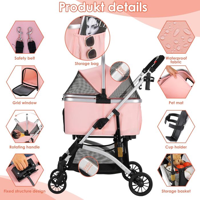 Візок для собак Mamizo 3-в-1: візок, переноска, сумка, до 20 кг, поворотні колеса, кошик, тримач для напоїв, для собак та котів (сріблястий, рожевий)
