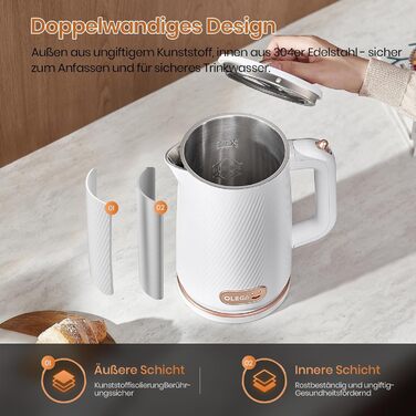 Електричний чайник OLEGA 1.8л, 1800 Вт, з нержавіючої сталі 304, BPA-free, з автовимкненням та захистом від перегріву (Білий)