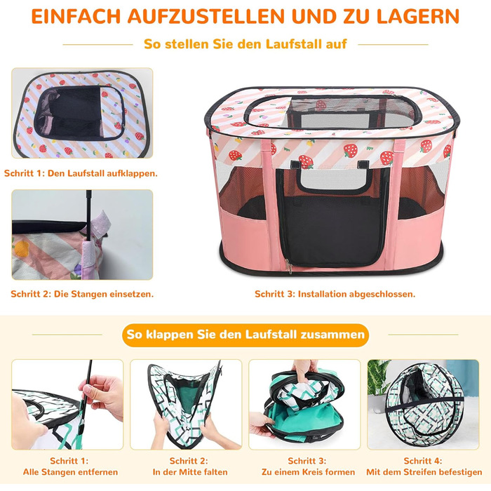 Портативний вольєр для цуценят та котів ALLSOPETS - складаний, для дому, вулиці, подорожей (Рожевий з полуничками, M)