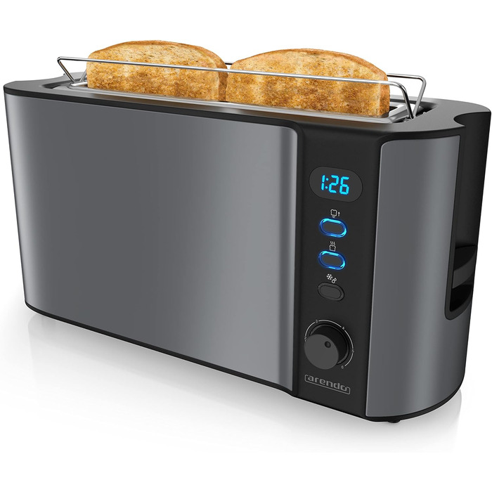 Arendo 2-Slice Toaster with Roll Holder - Long Slot Toaster - LCD Display with Remaining Time Display, Defrost Function, Bread Centering, Crumb Tray - Material Stainless Steel, Cool Grey A: Cool Grey