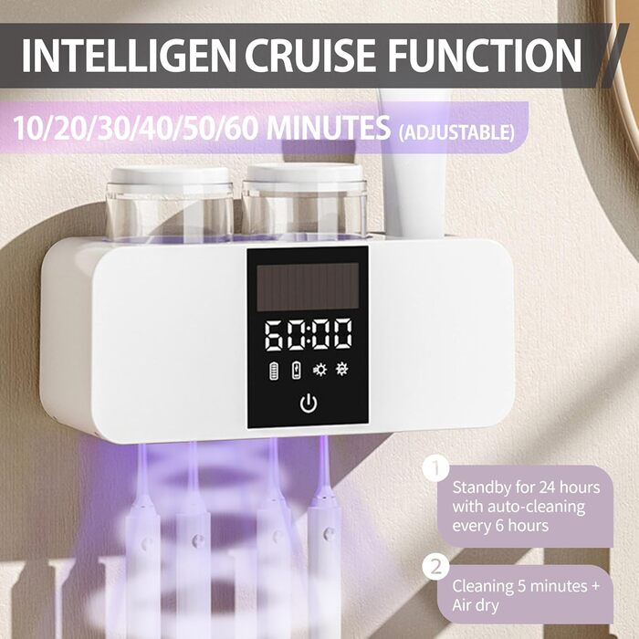 Toothbrush Cleaner and Wall-Mounted Toothbrush Holder, Cleaning and Air-Drying, LED Smart Display and Timer Function, Rechargeable, Wireless, Toothbrush Holder for Bathroom (White/Opulent Garden)