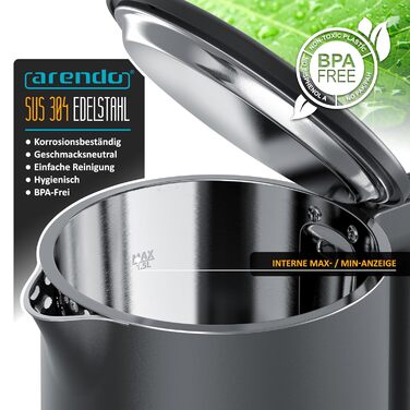 Електричний чайник Arendo з нержавіючої сталі 1.5 л, 2200 Вт, подвійні стінки, 360°, без BPA, захист від перегріву та сухого кипіння, чорний матовий сірий, 1.5 л