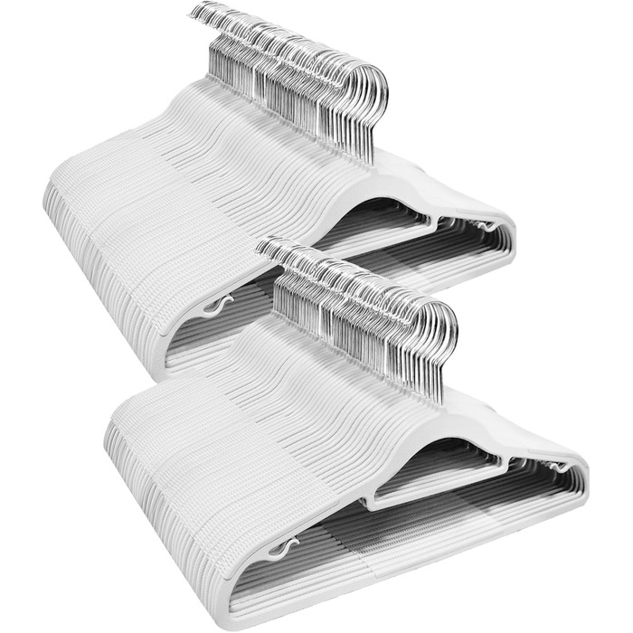 100 штук вішалок для одягу, неслизький пластик, обертовий гачок 360°, товщина 0,5 см, довжина 42 см, для пальто, суконь, сорочок, APY03G (білий + срібло)