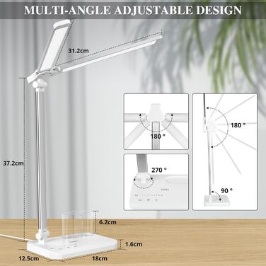 iVict LED лампа для столу з двома шарнірними руками, сенсорне керування, 5 режимів, таймер, USB-порт, пам'ять, для дітей, біла