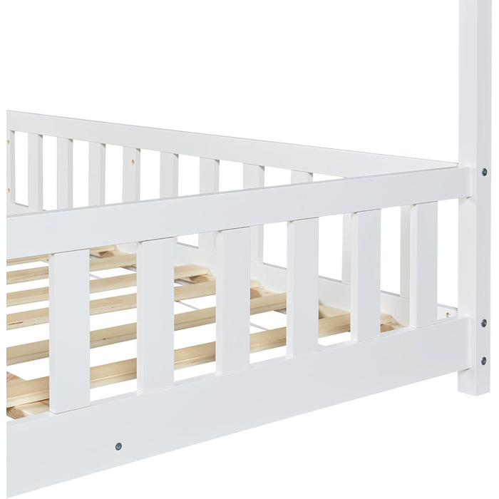 en.casa Kids Bed Hesel House Bed White 90 x 200 cm with Side Rails and Slatted Base, Floor Bed, Youth Bed, Wooden Bed