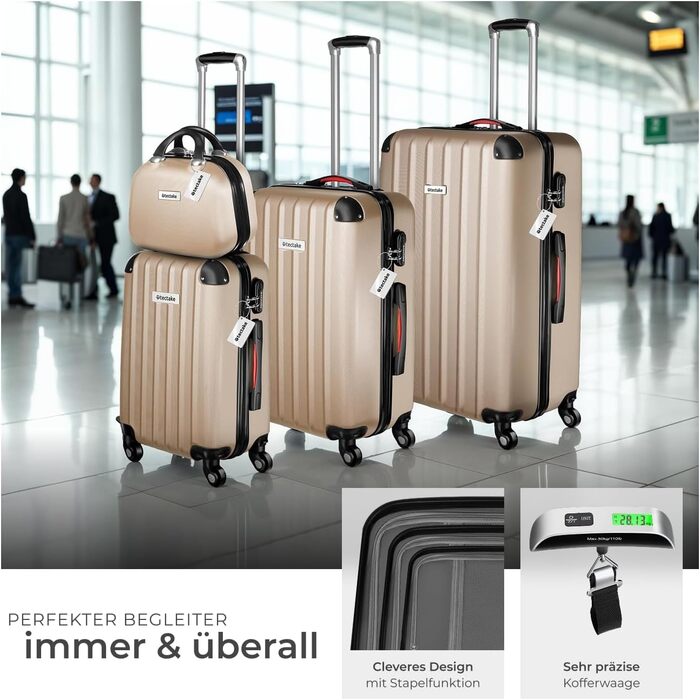 Набір валіз Tectake® (4 шт) з ваговою та ідентифікатором, 360° колеса, жорсткий корпус, кодовий замок, велика валіза, стягується, ручна валіза - колір шампань