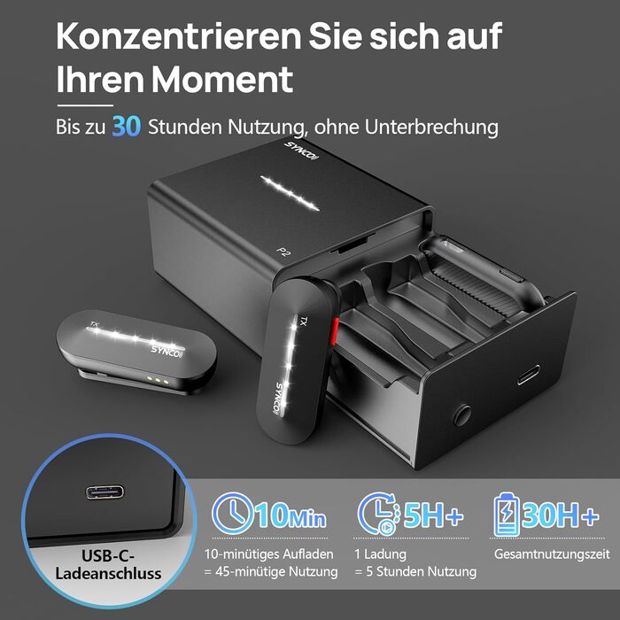 Бездротовий петличний мікрофон SYNCO P2ST для iPhone 15/16/17 та Android, USB-C з зарядним кейсом, Plug and Play, Hi-Fi якість, 2 мікрофони