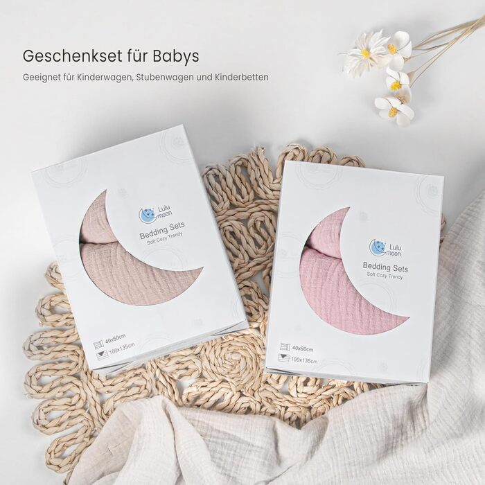 Бетлівка для дитячого ліжечка Lulumoon з мусліну 100x135 см: комплект простирадла 100x135 см + наволочка 40x60 см з бавовни Oeko-TEX Standard – легка та комфортна постільна білизна для малюків та дітей, муслін, рожева 100x135 см + 40x60 см