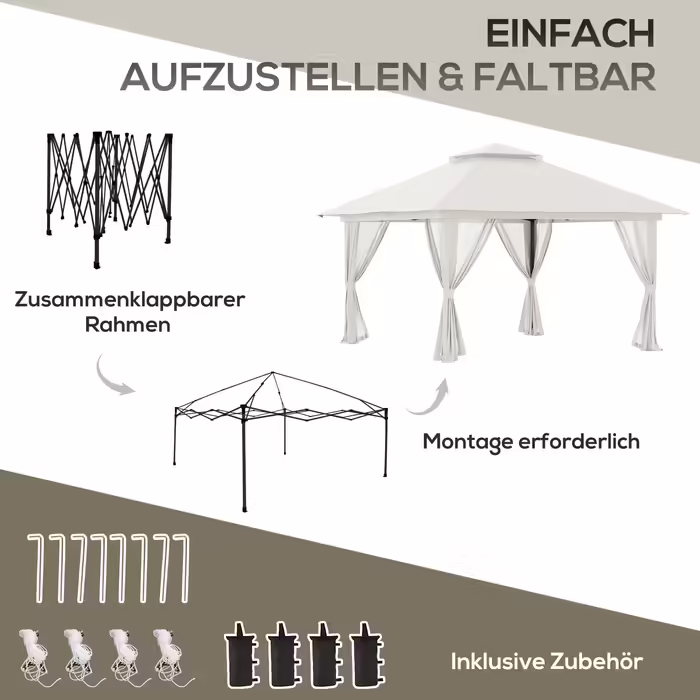Outsunny Pop-Up Gazebo 4x4 m with 4 Mosquito Nets, Adjustable Height, UV Protection, Double Roof, Carry Bag, Cream White for Garden & Events