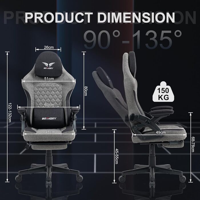 Геймерське крісло Racing Ergonomic Stoff Schwarz Grau з регульованою підголівкою, підлокітниками та підставкою для ніг