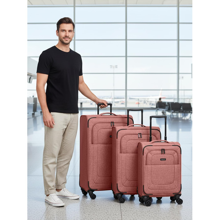 Набір валіз REDOLZ 3 шт. для жінок та чоловіків | Легкі та міцні дорожні валізи з розширенням, Softcase, 4 колеса, TSA-замок | Розширювані валізи (Essentials 12) Rose