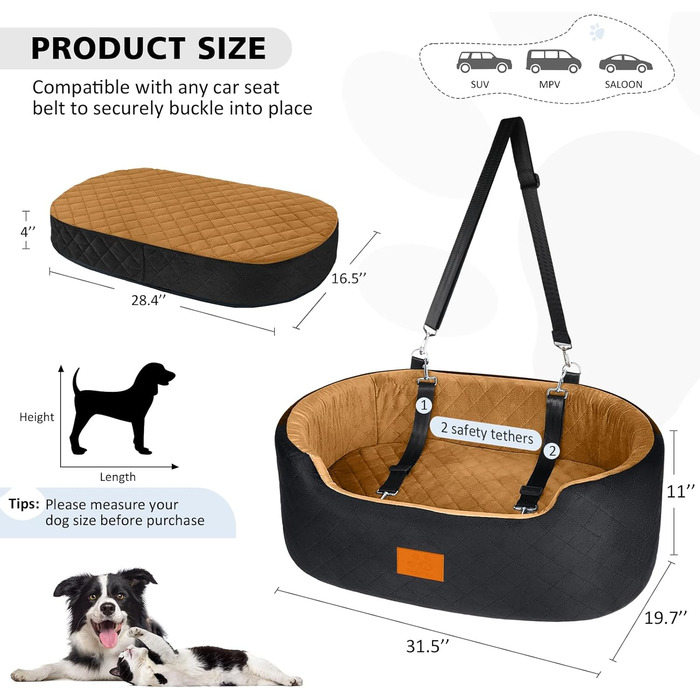 Dog Car Seat for Medium/Large Dogs (up to 25kg) or 2 Small Dogs - with Safety Leashes & Washable Cushion - Rear Seat Cover (Brown/Gray)