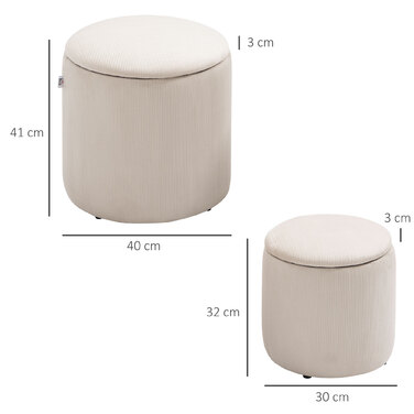 HOMCOM 2-Pack Storage Ottomans with Lid - Footstools with Removable Cover in Corduroy-Look Cream White 40 x 40 x 41 cm | Aosom