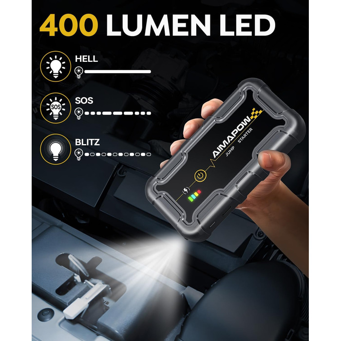 Powerbank для запуску двигуна AIMAPOW Starthilfe 6000A 12V - для бензинових авто, дизельних (10.0L) з LED-ліхтариком та великим екраном, бустер для акумулятора SUV, мотоцикла, газонокосарки