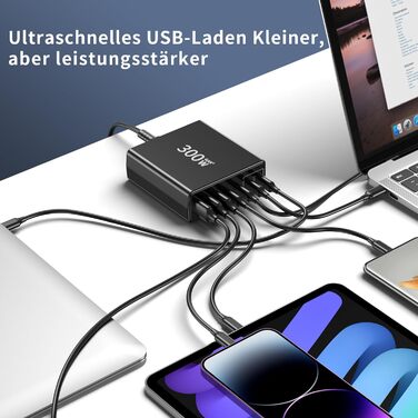 Зарядний пристрій FINIBO USB-C 300W: 7 портів (4 USB-C + 3 USB-A), швидка зарядка, Dual-PD PPS, для MacBook Pro/Air, iPad Pro/Air, Samsung (Чорний)