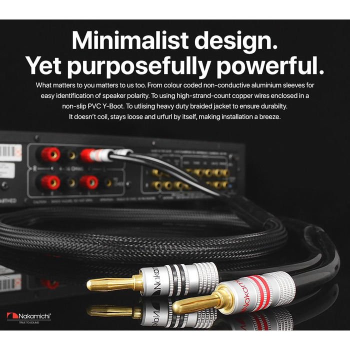 Акустичний кабель Nakamichi 14AWG з позолоченими банановими роз'ємами 24K, 3м, безкиснева мідь (OFC) в обплетенні, чорний