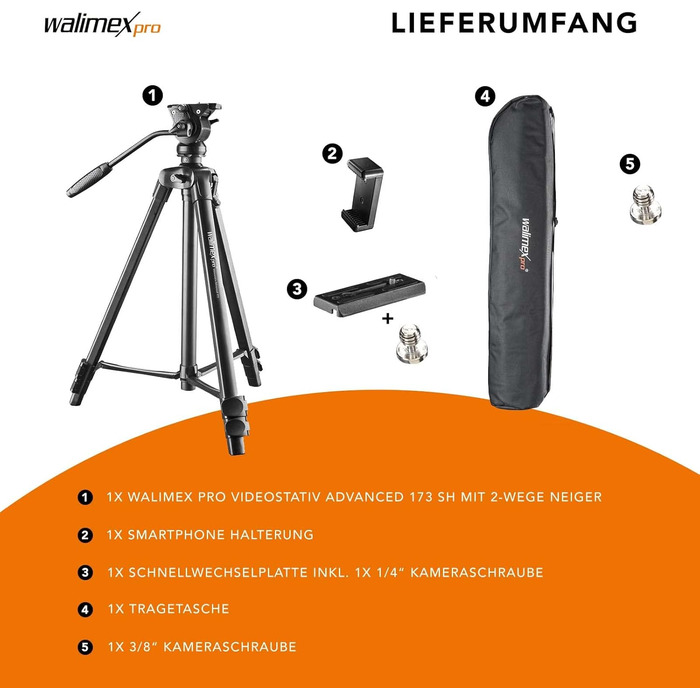 Відеоштатив Walimex pro Advanced 173 SH для DSLR камер, камкордерів та смартфонів, макс. навантаження 4 кг, з тримачем для телефону та сумкою