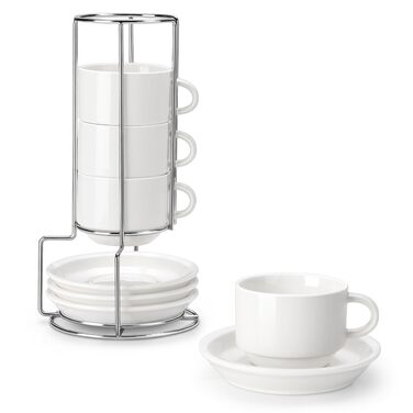 Набір чашок еспресо MALACASA 4 шт., 75 мл, з підставками та стійкою, 240 мл, біле порцелянове, для еспресо, Regular