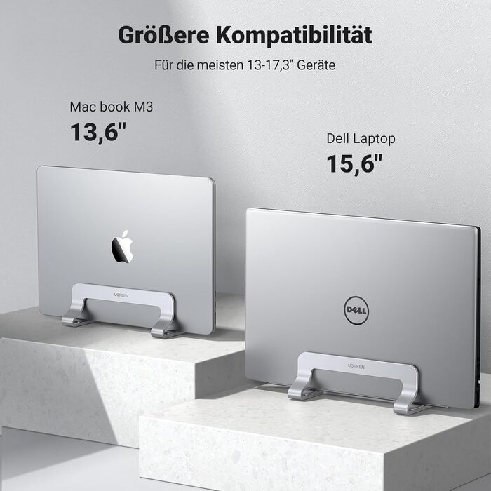 Підставка для ноутбука UGREEN вертикальна, алюміній, 3 слоти, для MacBook Pro/Air, iPad, Huawei, Surface, Dell, HP - срібна