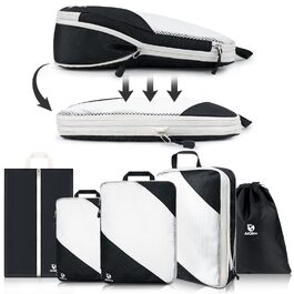 Органайзери для валіз AiQInu, 5 шт. - Набір для пакування з компресійними мішками, мішок для білизни та для взуття. Легкі, розширювані, для ручної поклажі (Чорний)