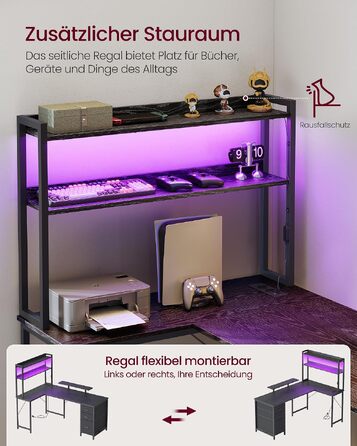 Ігровий стіл VASAGLE L-подібний з LED-підсвіткою та розетками, 160x100x150 см, чорний