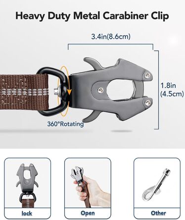 Тактична повідок для собак Joytale, еластична повідок з 2 м'якими ручками, страхувальний ремінь для автомобіля, повідок без натягу для собак середніх, великих та екстра-великих порід (1.2м-1.8м, коричнева)