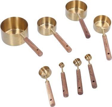 KOSDFOGE 8-Piece Stainless Steel Measuring Cup Set with Wooden Handle, Bartending Scale, Measuring Spoons, Baking Tool