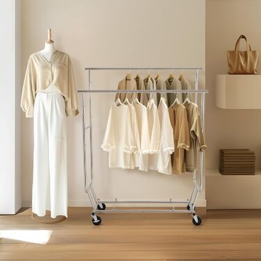 Yaheetech Clothes Rack Coat Rack with 2 Extendable Clothes Rods Freestanding on Wheels Height Adjustable Holds up to 130 KG