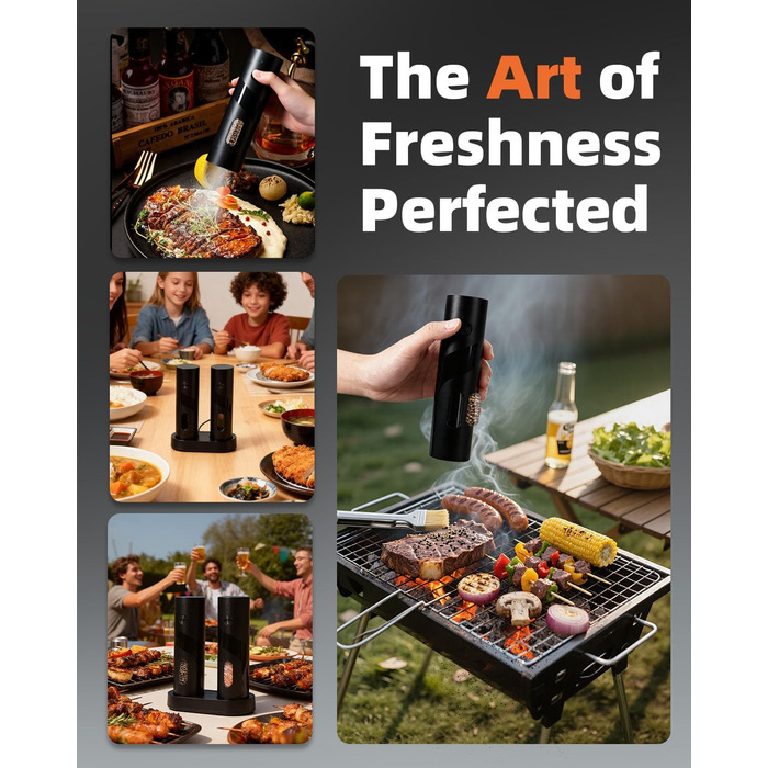 Набір електричних мельниць для солі та перцю з заряджною станцією, об'єм 110 мл, 5 ступенів помелу, керамічна млинка, щітка, 2 шт., чорний