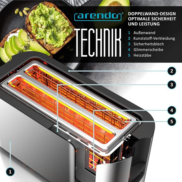 Arendo - Stainless Steel 4-Slice Long Slot Toaster - Touchscreen – Double-Walled Housing – 1500 W – Integrated Bagel Attachment – 7 Browning Levels – Bread Centering – Remaining Time Display – Memory Function C: Steelsilver