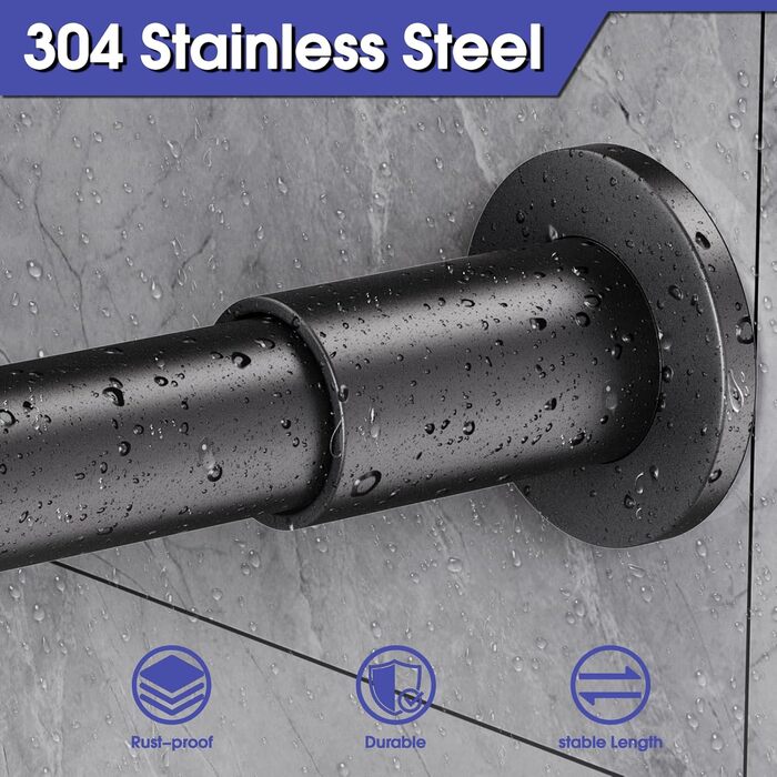 Кутова штанга для душу L-Form, регульована 68–96 см × 68–96 см, нержавіюча сталь, водонепроникна та стійка до іржі, 90 градусів, з 12 кільцями, комплект гвинтів (104-132x104-132 см, Чорний)