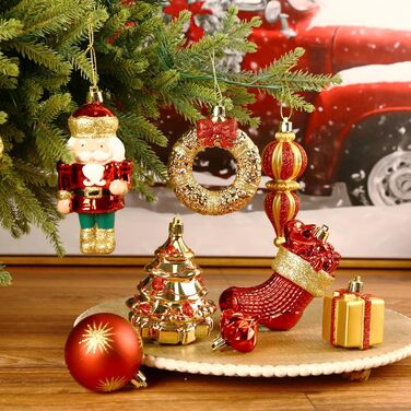 Набір прикрас на ялинку Shareconn 135 шт. – міцні ялинкові кулі з мотузкою, різні розміри та дизайни, декор для ялинки (червоний, зелений, золотий)