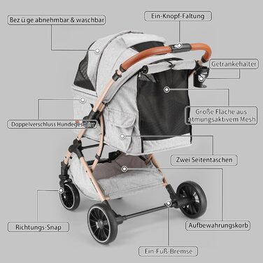 Візок для собак EchoSmile, складаний, до 20 кг, для малих та середніх собак та котів, з регульованою ручкою, амортизаторами та знімним чохлом (сірий)