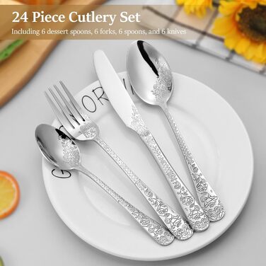 Набір столових приборів 24 предмети з нержавіючої сталі на 6 осіб з гравіюванням троянд. Ложки, виделки, ножі. Поліровані, для посудомийної машини. Сріблястий колір.