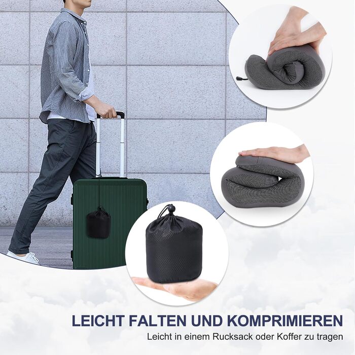 Подушка для шиї у подорожах: м'яка піна пам'яті, бавовна, U-подібна форма, з чохлом, для автомобіля, літака, офісу (сіра)