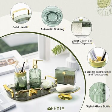 Набір аксесуарів для ванної кімнати FEXIA (5 шт.) - зелений декор у стилі бохо, органайзер для зубних щіток, дозатор мила, лосьйону