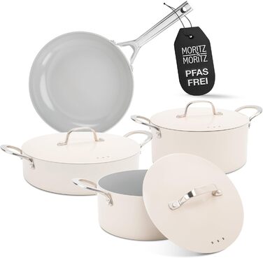 Moritz & Moritz 7-Piece Aluminum Cookware Set with Lids, Induction Compatible, including 2x Sauce Pots with Lids, 1x Serving Pan with Lid, and 1x Induction Frying Pan. Induction Cookware Set for all Cooktops, Cream color.