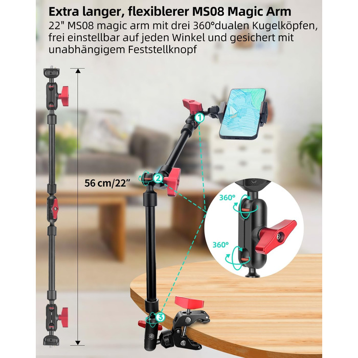 Гнучкий кріплення для камери з супер-зажимом Magic Arm, 56 см, 360° - чорно-червоний