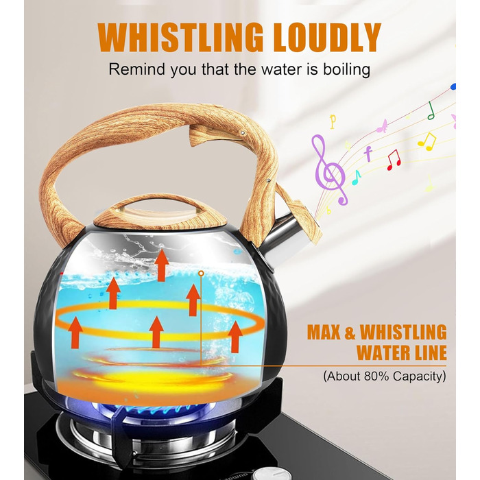 Чайник-свисток Foedo з нержавіючої сталі з дерев'яною текстурою, 3.2 л, для чаю, кави та молока, класичний дизайн, червоний (Чорний-6)