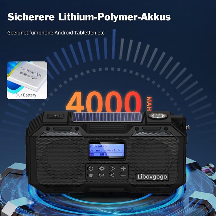 Портативне радіо Libovgogo DF-588D DAB+ FM з Bluetooth, водонепроникний корпус, сонячна панель, Powerbank 4000mAh, ліхтарик, стробоскоп, нічник, будильник