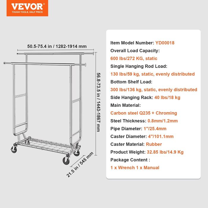Стійка для одягу VEVOR - міцна чорна конструкція 200 x 1010 x 1510 мм для спальні, гардеробу, передпокою