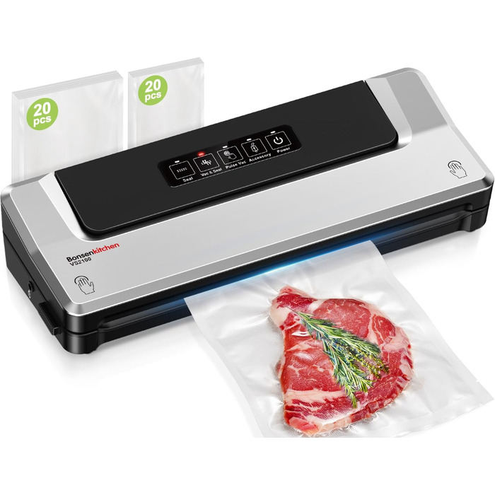 Вакуумний пакувальник Bonsenkitchen для зберігання продуктів та приготування су-від, з 40 пакетами, срібний
