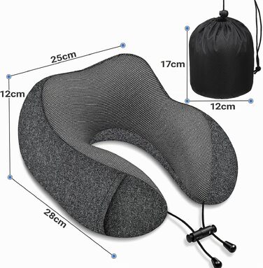 Подушка для подорожей під шию з ефектом пам'яті (Memory Foam) з маскою для сну 3D та берушами, сіра — ідеальна для літака, авто та офісу